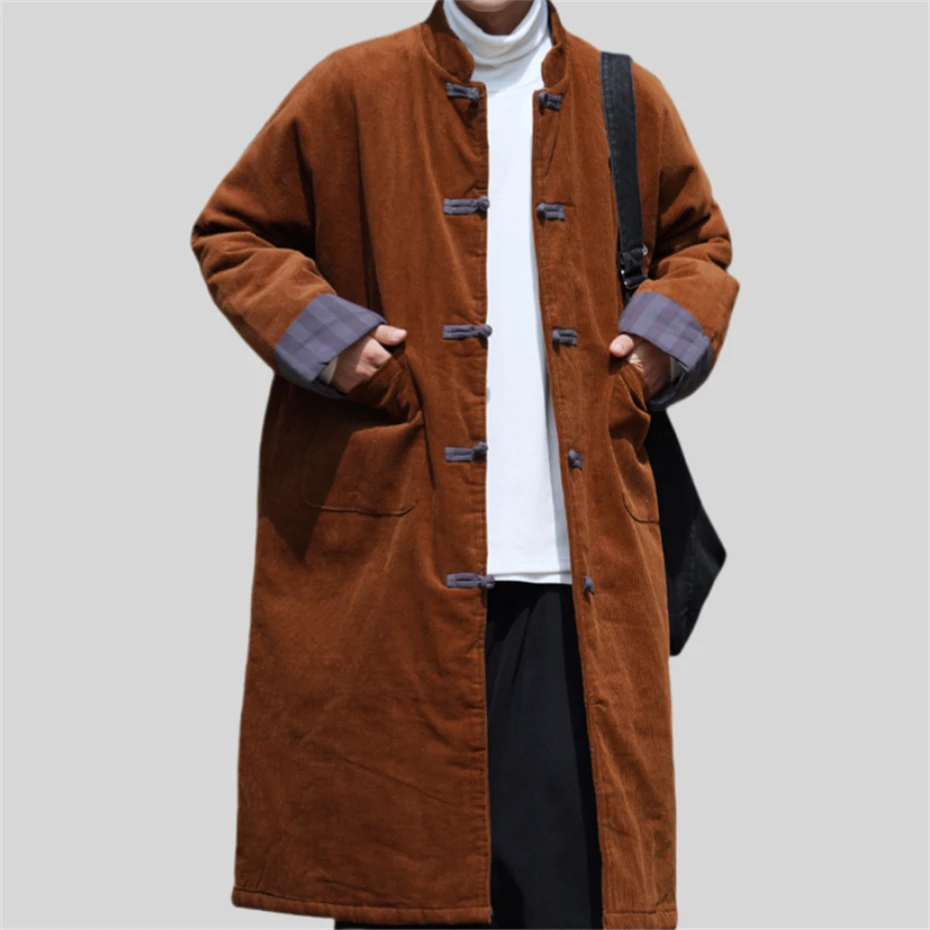 Men's Winter Fleece Long Parkas Jackets Retro Chinese Corduroy Jacket for Men Solid Disc Buckle Jackets Coat Mens Clothing