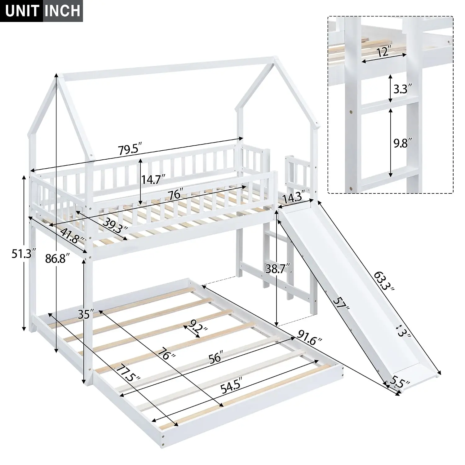House Bunk Bed with Stairs and Slide | Twin Over Full Wood Bunk Bed Frame for Bedroom, White, Customized