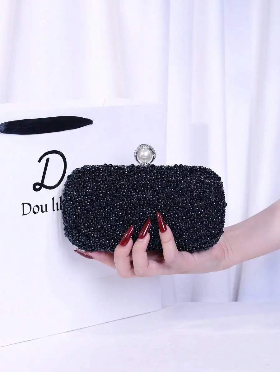 

Elegant Black Beaded Clutch Bag With Pearl Closure For Evening Party Wedding Formal Occasion