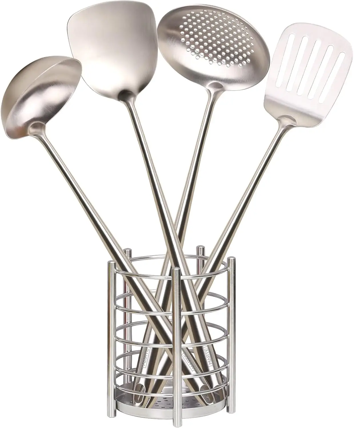 Juego de utensilios de cocina de acero inoxidable de 5 piezas con soporte, espátula resistente al calor, cucharón, espumadera, apto para lavavajillas, sin BPA