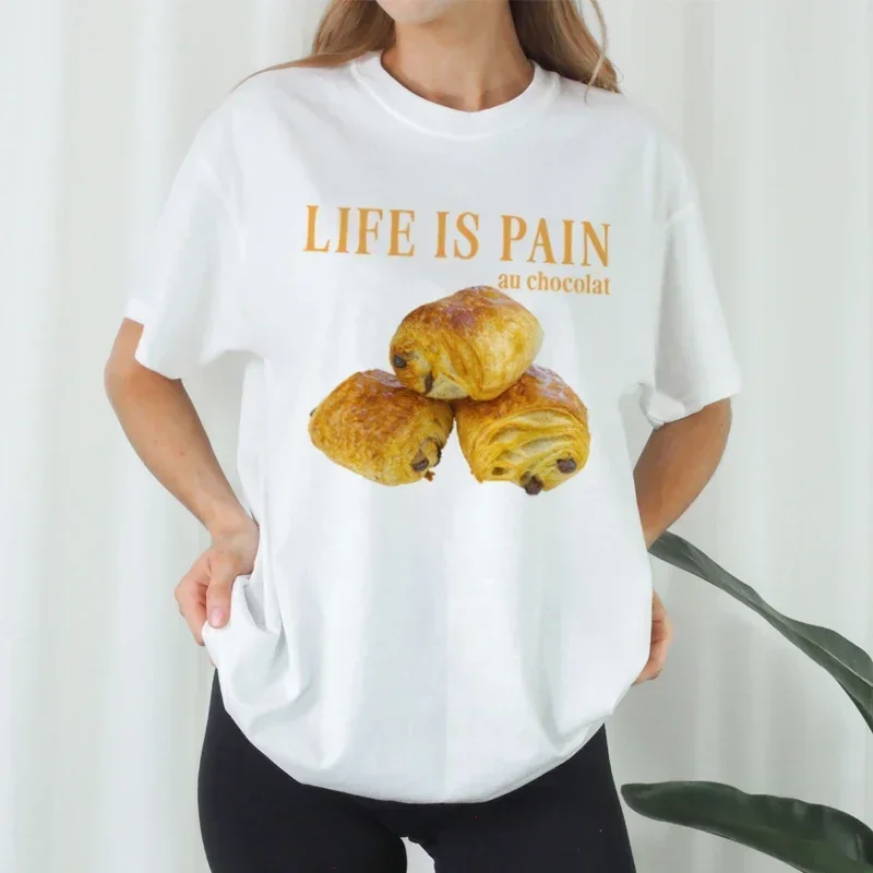 

Trendy American Ins Chocolate Funny Quotes T-shirt Cute Food Pattern Women's Casual Croissant Half-sleeved T-shirt Tops