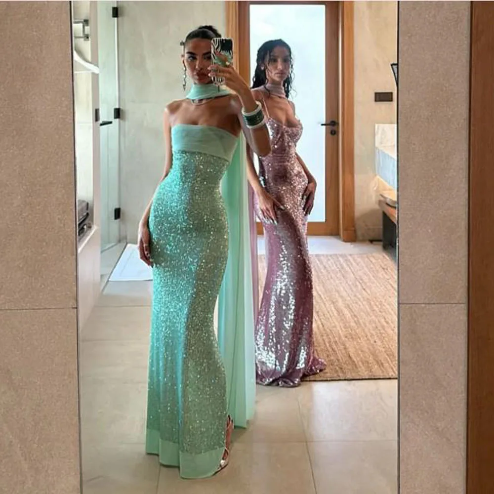 Customized Strapless Sequin Prom Dress with Scarf Chiffon Patchwork Bodycon Dresses Back Split Long Maxi Gown