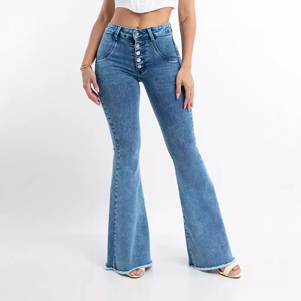 

Personality Breasted High Waist Jeans for Women Four Seasons New Fashion Temperament High Waist Nail Raw Edge Denim Pants Women