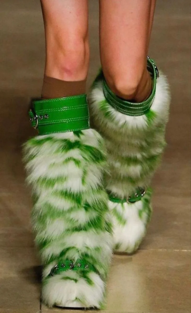 Winter New Green White Faux Fur Knee-High Boots Green Straps Bold Color-Block Design Women's Snow Boots for High-Fashion Looks