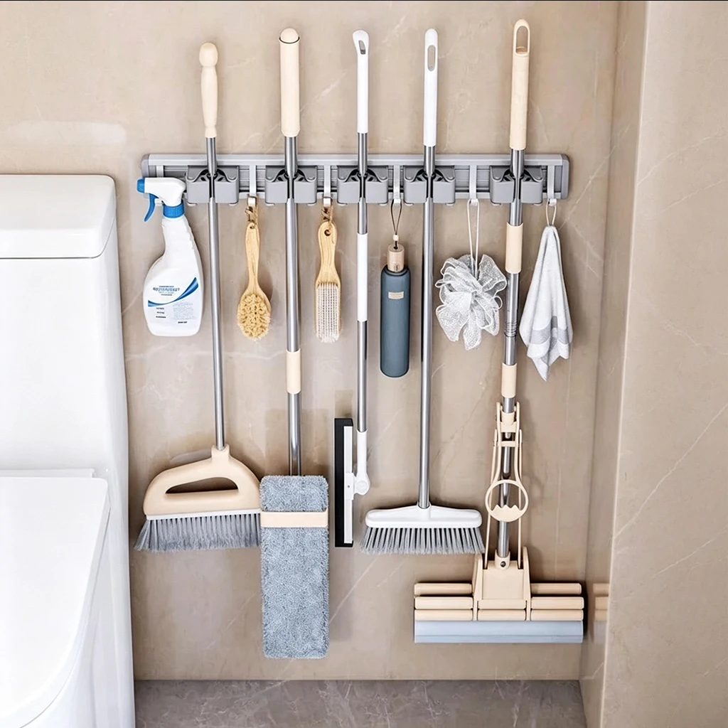 Wall-Mounted Mop and Broom Holder, Heavy Duty Cleaning Tool Organizer with Hooks for Garage Bathroom Kitchen, Space Saving Storage Rack