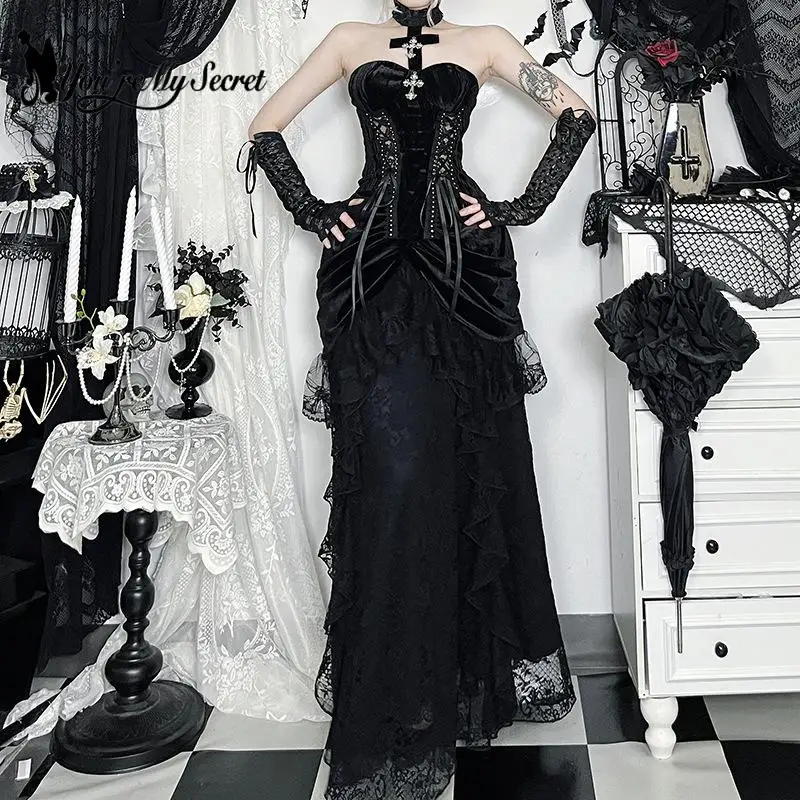 

[You're My Secret] Gothic Women Streetwear Dress Elegant Black Cosplay Costume Outfits Women's Banquet Gown Skirt Set 2025