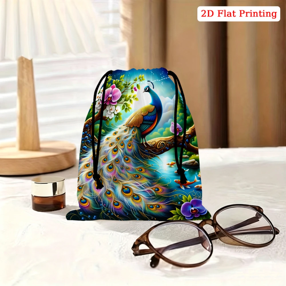 1Pc Peacock Print Drawstring Bag Blue Green Floral Pattern Storage Small Pouch For Travel Cosmetics Glasses Organizer Portable L