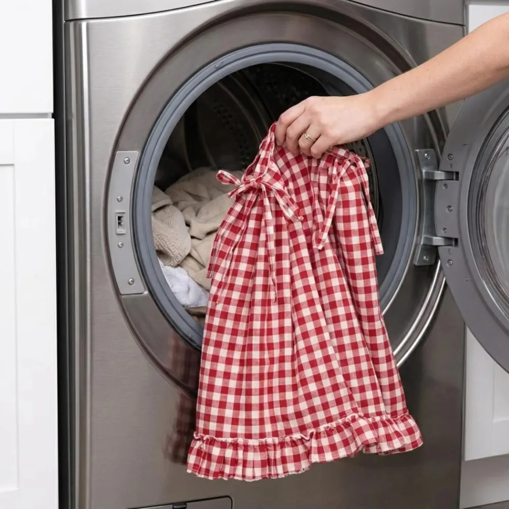 Ruffled Edge Farmhouse Plaid Kitchen Oven Skirt Cotton No Drilling Kitchen Stove Cover with Tie Ribbon Half Door Curtain