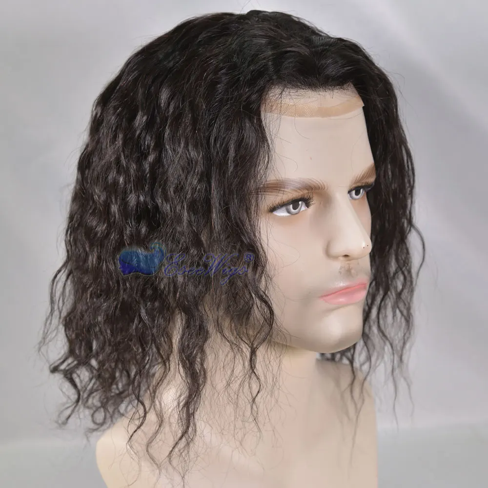 Men\'s Toupee Natural Wave European Human Hair Fine Mono Toupee 12\'\' Long Hair Replacement System 8x10 Black with PU Around