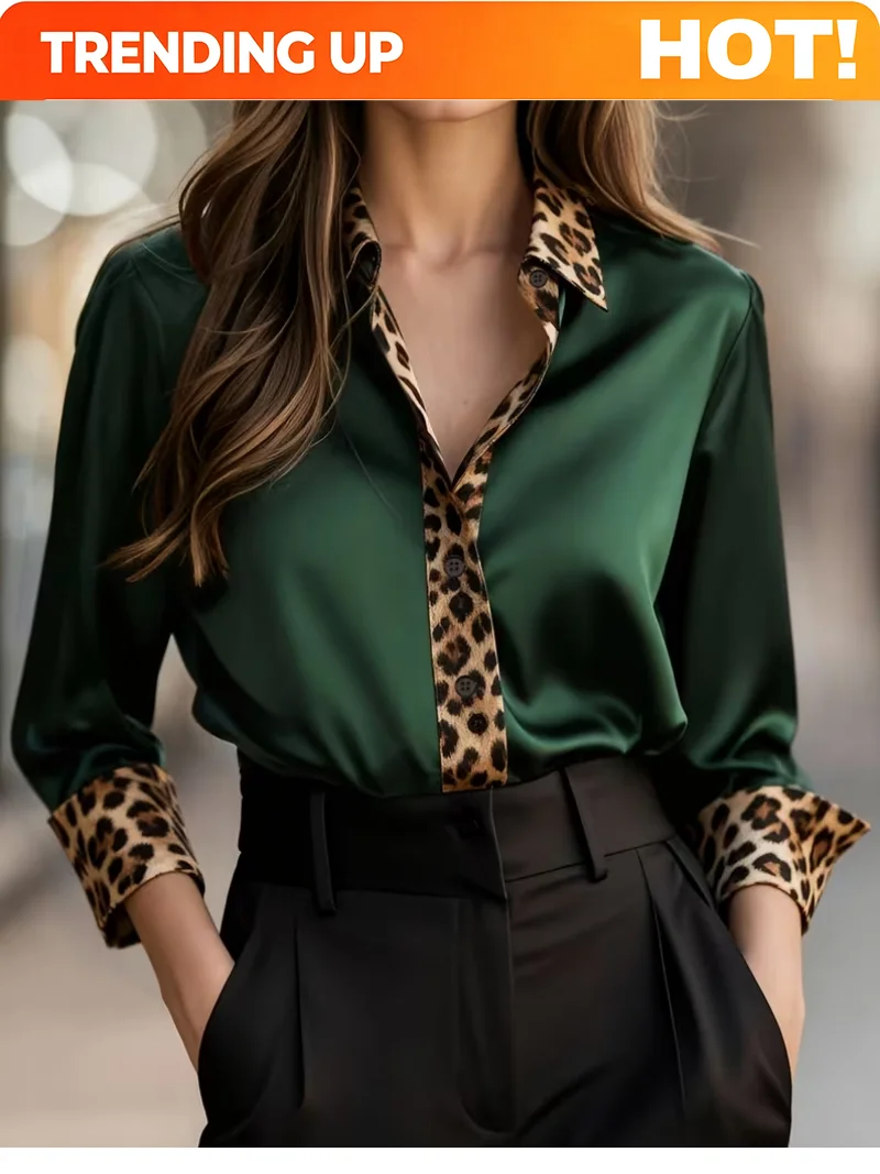 Customization Elegant Long Sleeve Button Down Shirt with Leopard Print Collar, Cuffs & Placket, Loose Fit Blouse Tops