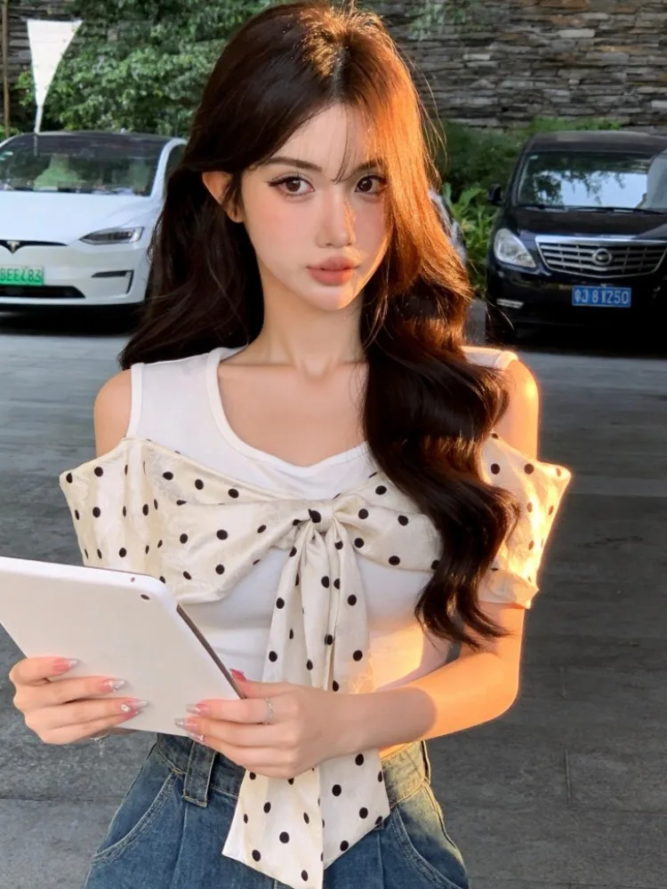 

Sweet Style Polka Dot Knot Shoulder Bared Short Sleeve Slim Fit Short Length Top Women Summer New Spicy Girl T Shirt
