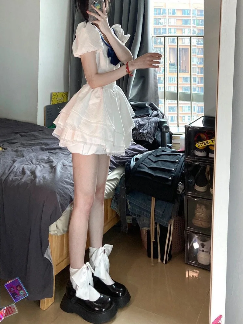 CGC Preppy Style Lolita White Dresses Navy Collar Kawaii Summer Japanese White Dresses Casual Short Sleeve Elegant Party Dress