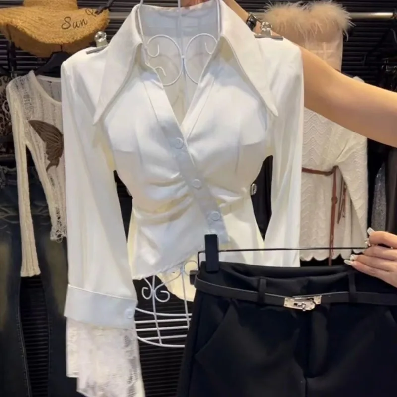 

Рубашки женские корейские офисные женские модные нерегулярный дизайн весна осень элегантные кружевные Harajuku шикарные укороченные Mujer Blusas повседневные топы