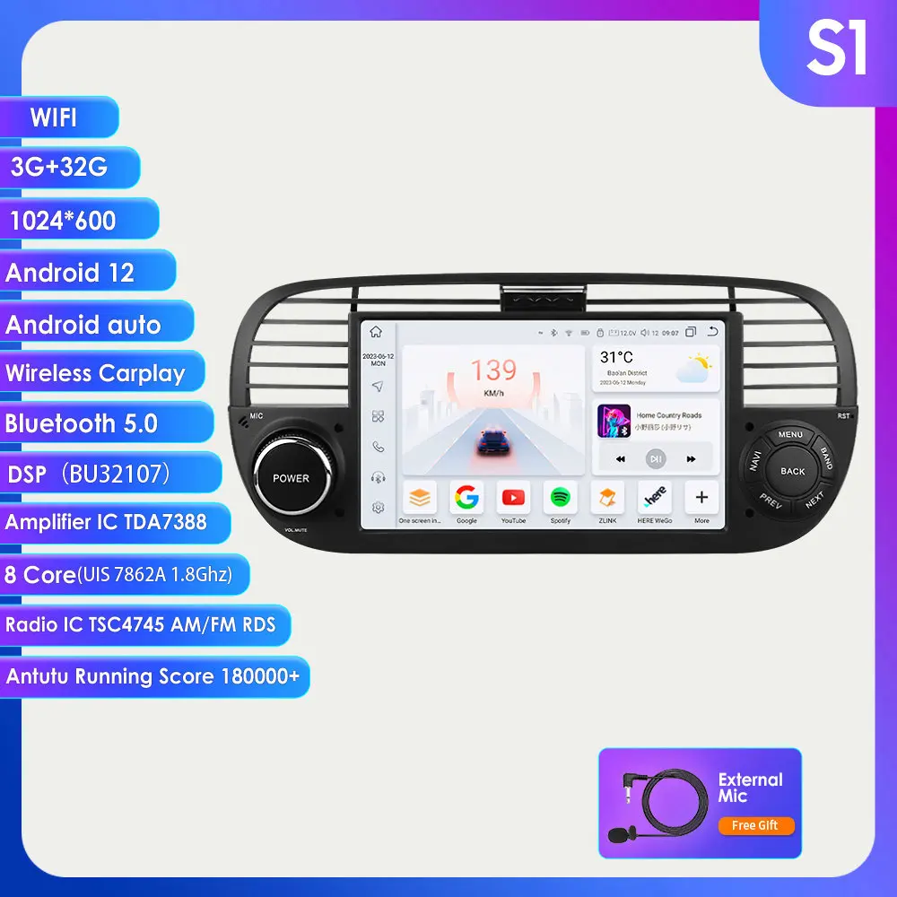 2 din Android Autoradio voor Fiat 500 2007-2015 Carplay Multimedia Video Player Autoradio Stereo 7 inch Intelligente GPS scherm