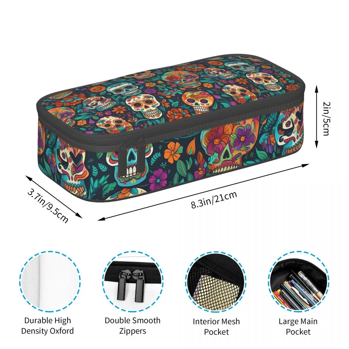 Colorful Vibrant Day Of The Dead Skulls Pencil Case for Boys Girls School Pen Box Pencil Bag Stationery Supplies Pen Holder Bag