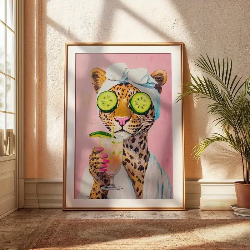 

Retro Fun Leopard Print Wall Painting Poster Cucumber Fashion Glasses Towel Design Pink College Style Summer Bathroom Home Decor