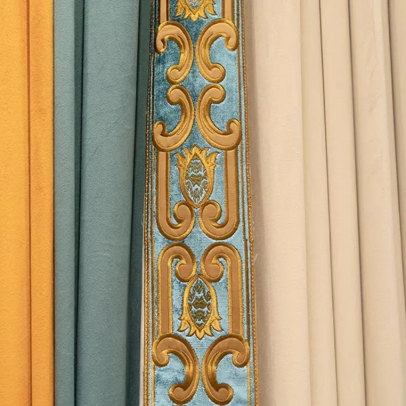 

European-Style Embroidery Luxury Velvet Curtains for Living Room Bedroom Curtains Lace Stitching Blackout Curtains Customize