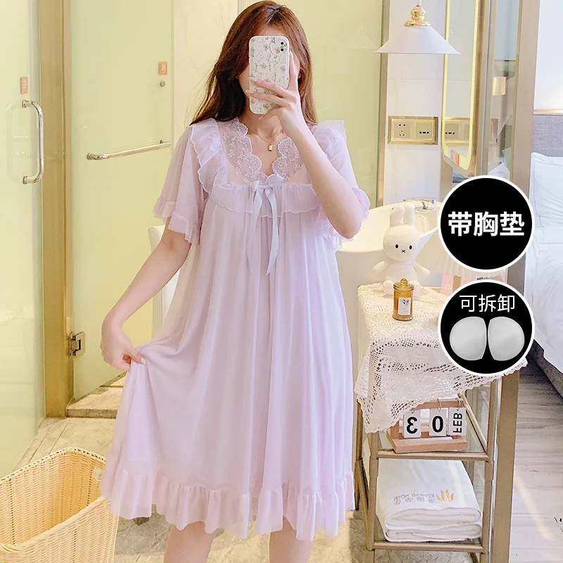 

Летняя корейская милая пижама-платье средней длины с кружевом, бантом и сетчатыми вставками, в стиле придворной принцессы, ночная сорочка с коротким рукавом, свободная домашняя одежда для отдыха