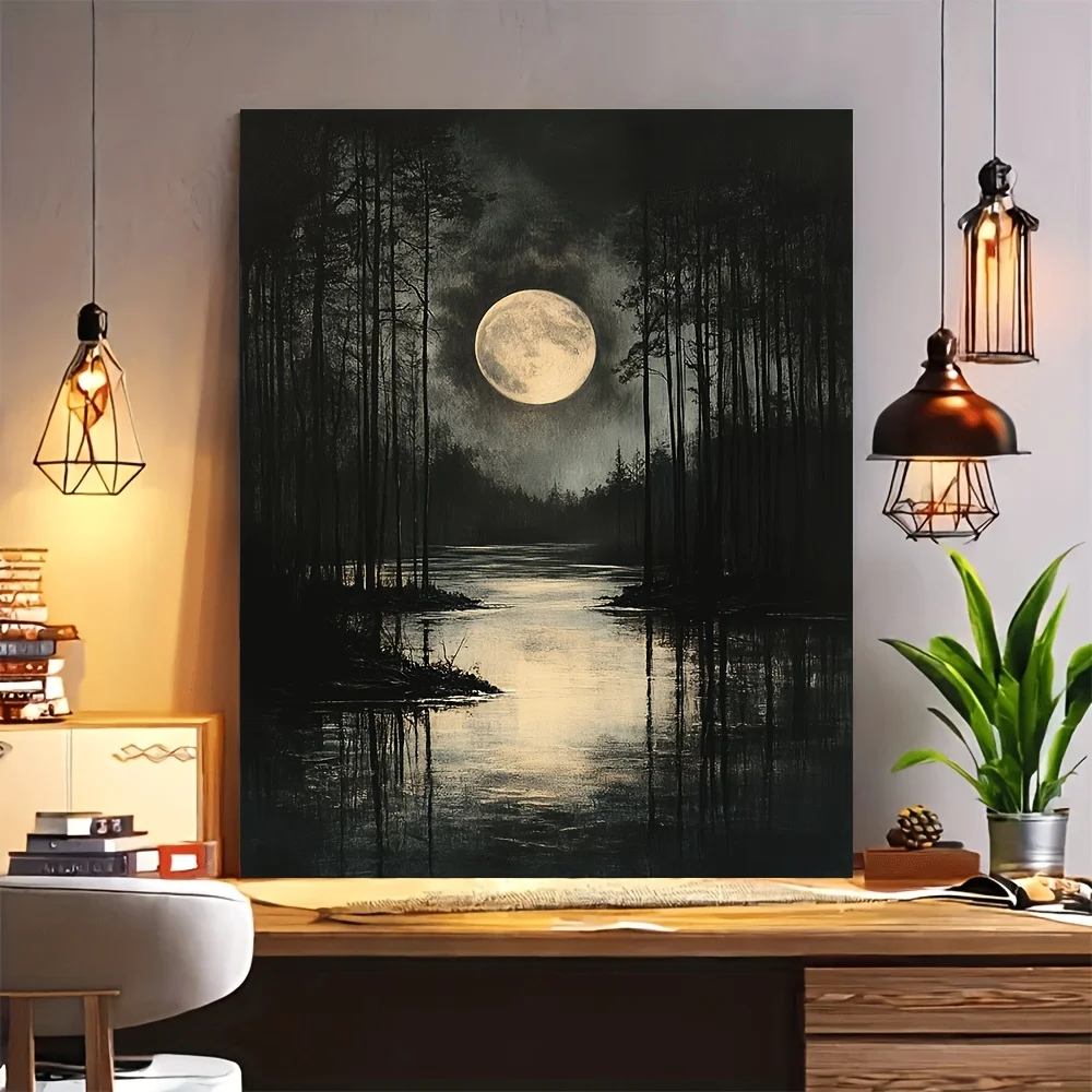 Dark Forest Full Moon River Canvas Wall Art Night Scene Landscape Painting Moon Reflection Home Tapestry Comes with Fixed Clip