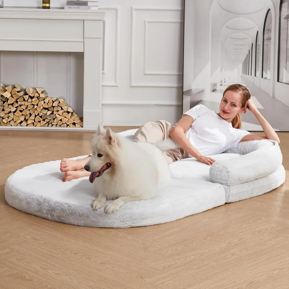 Human Dog Bed - 71''x43''x9.85'' for Humans Size Fits Adult & Large Dogs, Foldable Faux Fur Washable Human Dog Bed for People