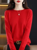 Fashion 100% Merino Wool Sweater Elegant Cashmere Pullover Women O-Neck Long Sleeve Knitwear Basic Clothing  Jumper Tops - Image 3
