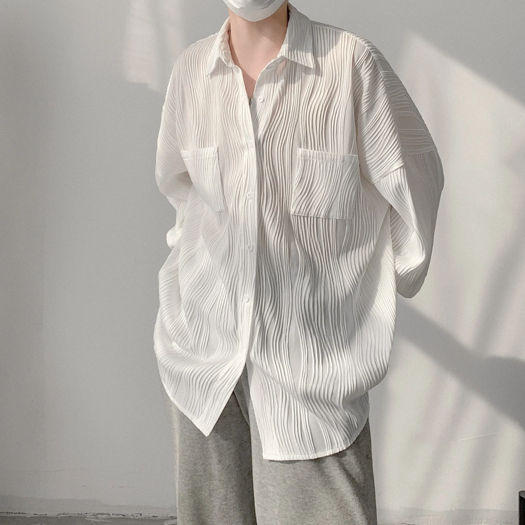 

Casual Long Sve Men's irt Inner Wear Spring Season Japanese Sle Texture Folded irt Outerwear Cool Haome