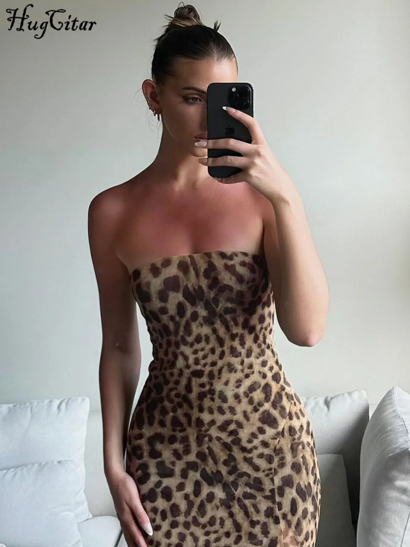 Hugcitar Women Fashion Leopard Print Strapless Slit Sexy Bodycon Midi Dress Summer Y2K Outfits  Beach Vacation Club Sundress