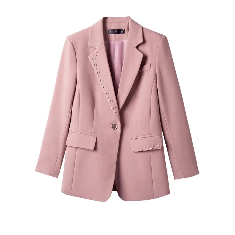 Pearls Ladies Women Suit Blazer Green Apricot Pink Black Single Button Slim Jacket Female Business Work Wear Formal Coat Outfit