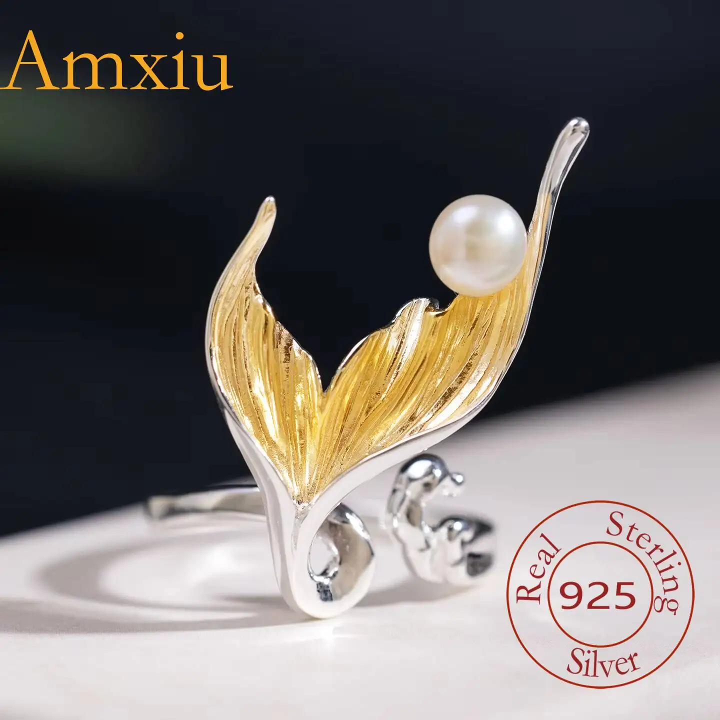 Amxiu Sterling Silver 925 Original Design Fashion Personalized Fishtail Ring, Chinese Style Simple Freshwater Pearl Ring Jewelry
