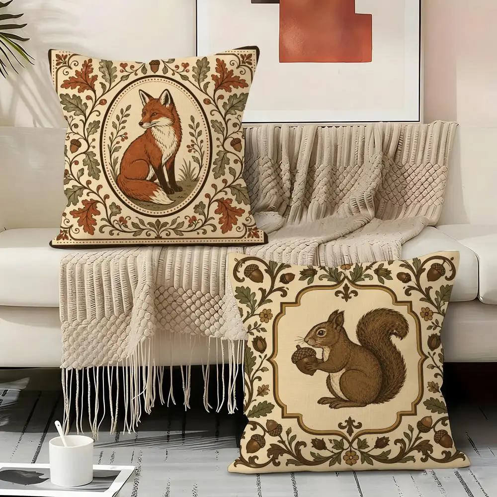 Folk Art Rabbit Fox Deer Animals Cushion Cover Soft Short Plush Throw Pillow Cover Cushion Case for Sofa Bedroom Home Decor Gift