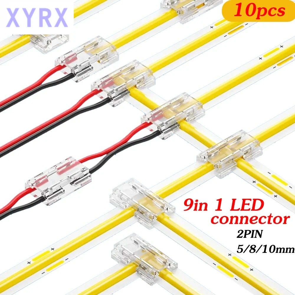 5mm 8mm 10mm 2pin COB LED Strip Connector Tape Lights 9in1 Transparent Connectors L T X Shape DIY  SMD COB 5050 2835 Strip Light