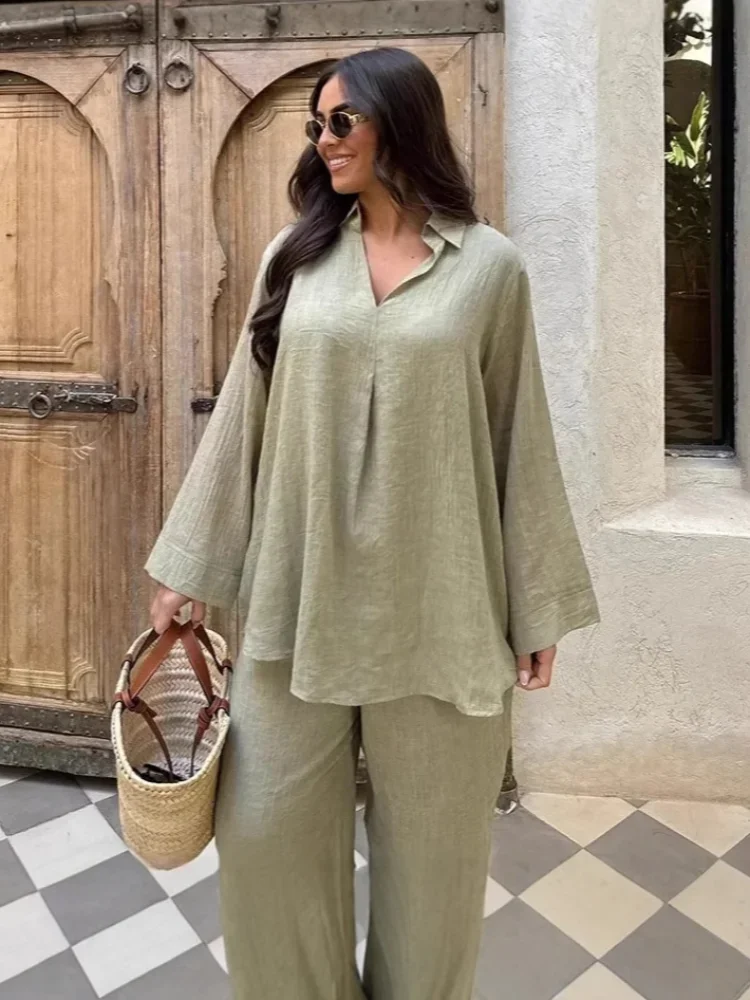 

Women Linen Two Piece Settrendy Yellow Blouse with Wide Leg Pants Summer Vacation Outfit Loose Comfortable Lounge Suit