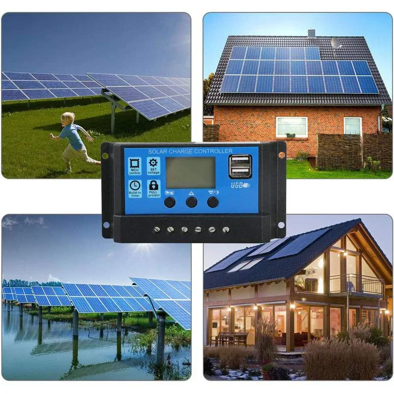 Solar Charge Controller 12V24V 30A/20A/10A Auto LCD Dual USB 5V Output Photovoltaic Solar Panel PV Regulator Load Discharger