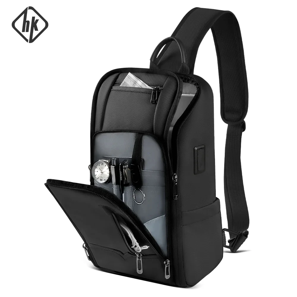 HcanKcan Fashion Men's Crossbody Bag Multifunction USB Shoulder Bag Waterproof Messenger Pack Trend Sport Travel Sling Chest Bag