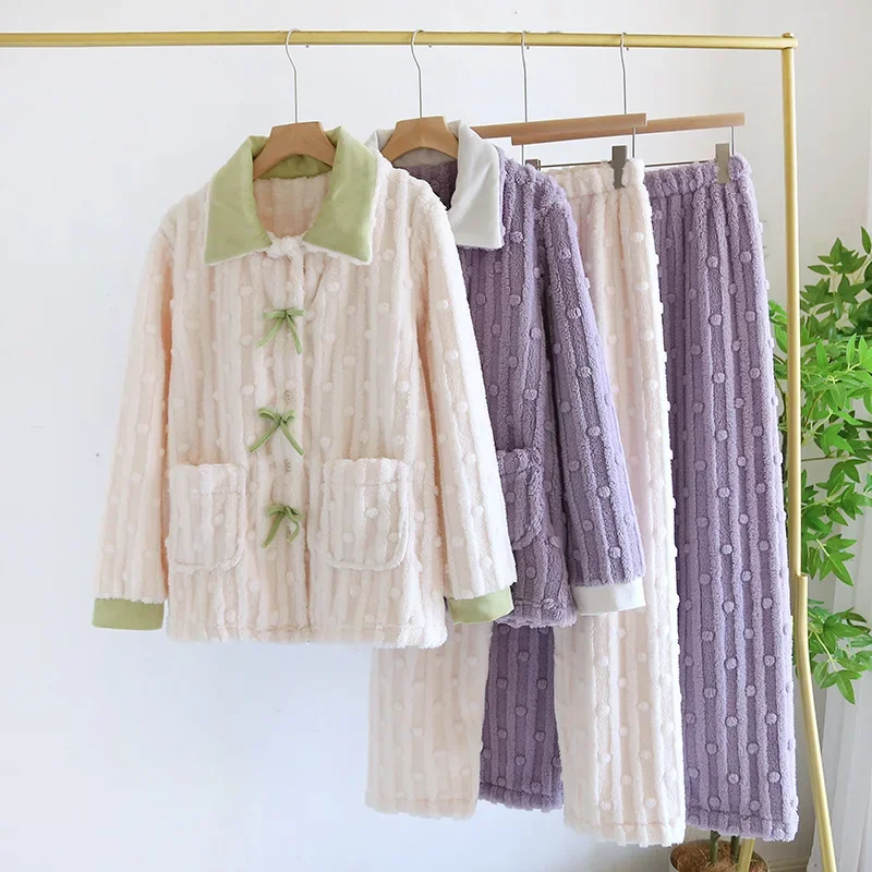 

Women's Sleepwear Autumn and Winter Flannel Thick Suit with Coral Fleece Warm Home Clothes Solid Color Pijamas Suit