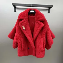 Teddy Bear Solid Color Cape Style Women Coat Winter Short Length Thick Warm Turn-Down Collar Sheep Wool +Alpaca+ Silk