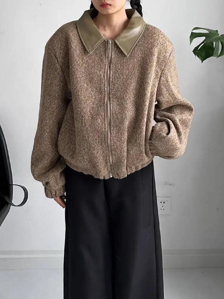 

HUISONG Woman Patchwork Leather Collar Padded Shoulder Sweater Thick Coat Loose Casual Zipper Cardigan Jacket Autumn Winter