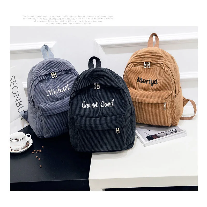 Personalized Corduroy Black Navy Khaki Gary Student Backpack Embroidered Custom Large Capacity Schoolbag for Student and Adult