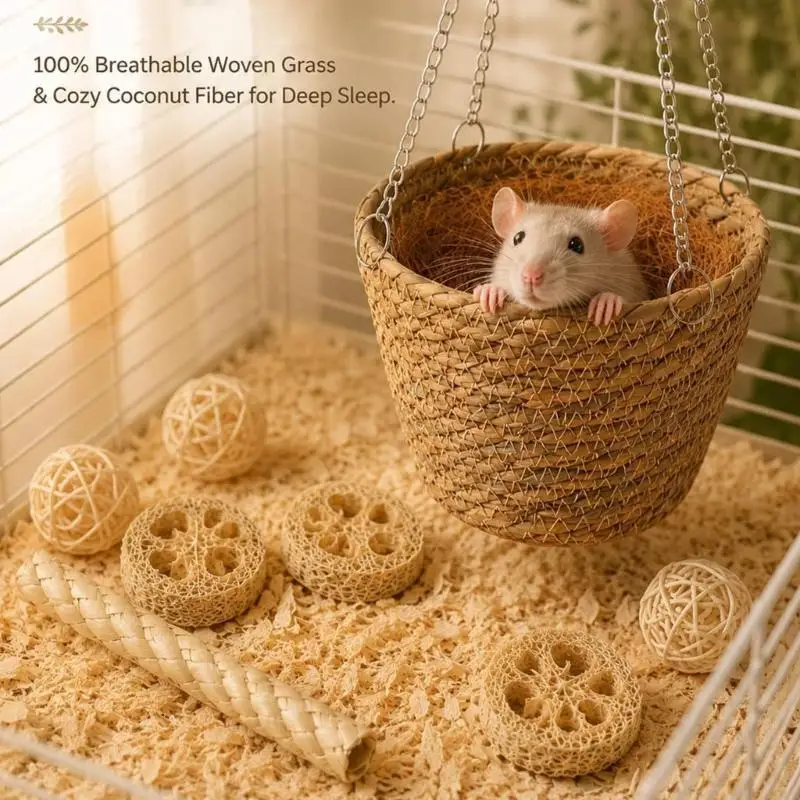 Hamster Hanging Bed for Enclosure Rest and Shelter, with Grass Basket Form, Open-Weave Body, Four-Point Metal Suspension 87HA