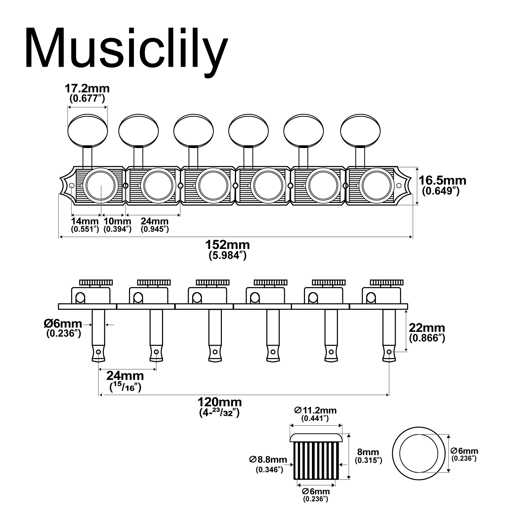 Musiclily Pro R15T 6-inline Vintage Hybrid Style Vintage Oval Button Guitar Locking Tuners Tuning Pegs Keys Machine Heads Set