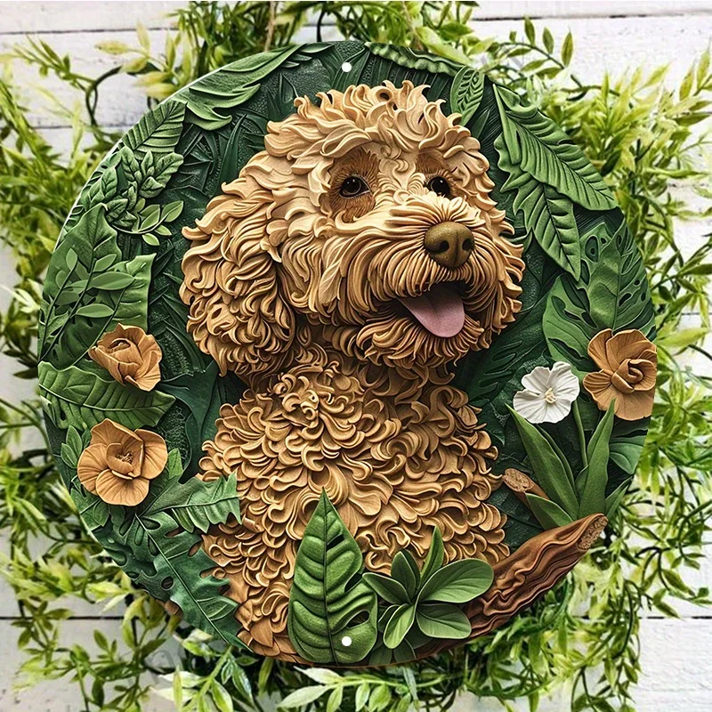 Aluminum Metal Sign,Goldendoodle Wreath Sign, Floral Dog Wall Door Decorative Bedroom Bathroom Home Restaurant Cafe Garage Decor