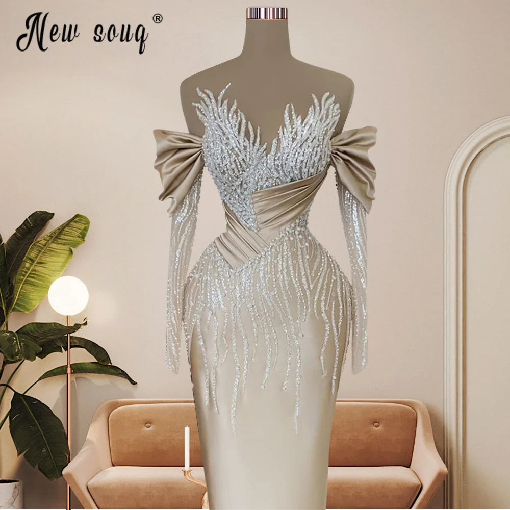 Modern Light Champagne Evening Dress Off Shoulder Beaded Wedding Party Gowns Arabic Women Special Occasion Dresses Customized