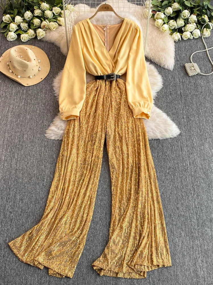 

Women sequined v-neck elegant slimming temperament mature style jumpsuit fashion design sense high-end elegant pants