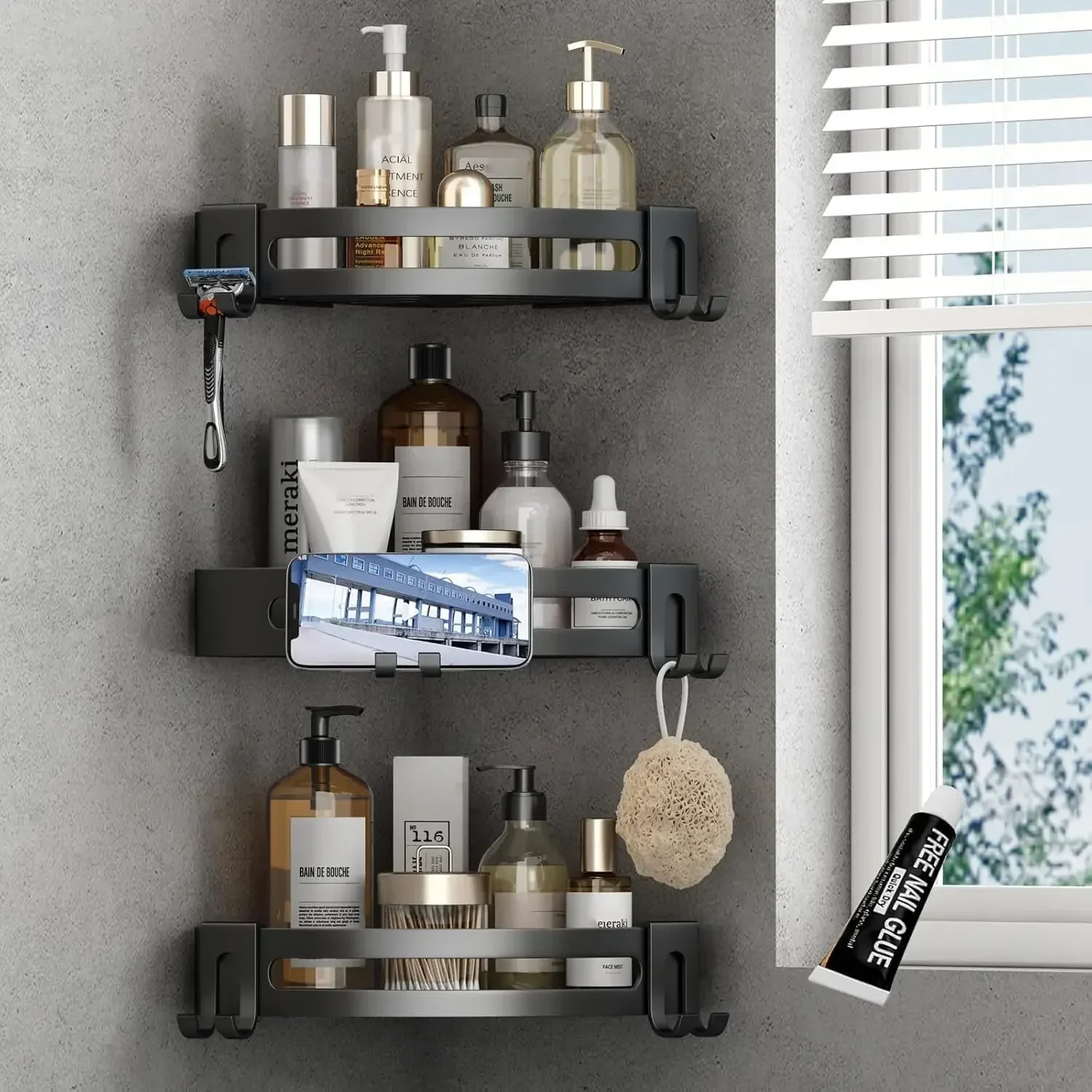 

3-Pack Black Triangle Shower Caddy, 3-Tier Corner Shelves, Rustproof Shower Storage Rack, Drill Free Wall Mount Shower Organizer