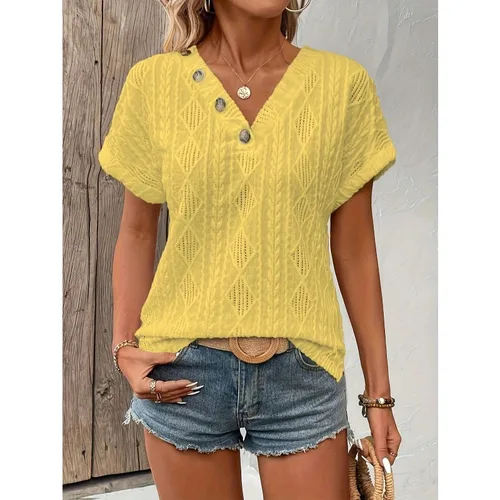  Camiseta de verano de talla grande para mujer, camiseta de manga corta con cuello en V de Color sólido, camiseta informal cómoda de ajuste estándar Regular a la moda