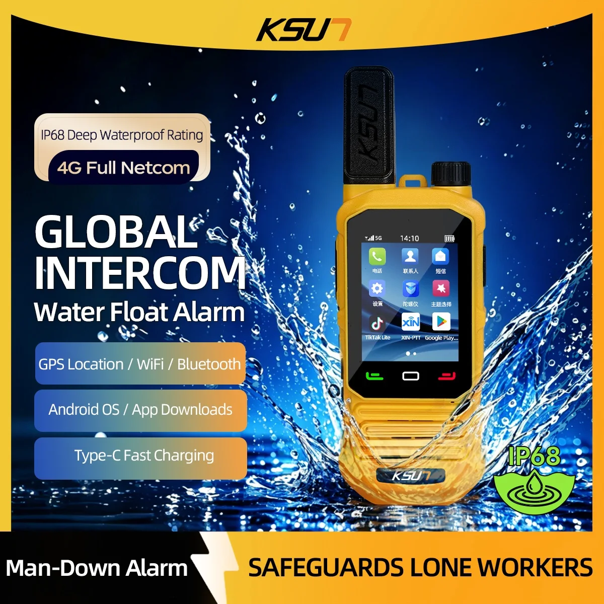 KSUN ZL72P Global 4G POC Walkie Talkie, IP68 Waterproof, Float & Drop Alarm, GPS/GLONASS/BeiDou, Type-C Fast Charge, 4000mAh.