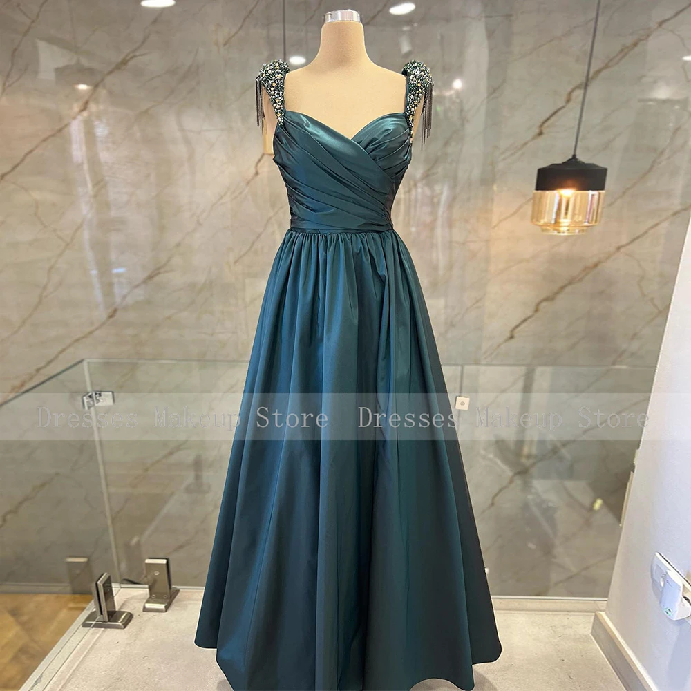 Robe de Soirée en Satin avec Poches pour Femme, Tenue de Bal Luxueuse avec Perles en Clip et Pompon, Dos aux, Ligne A