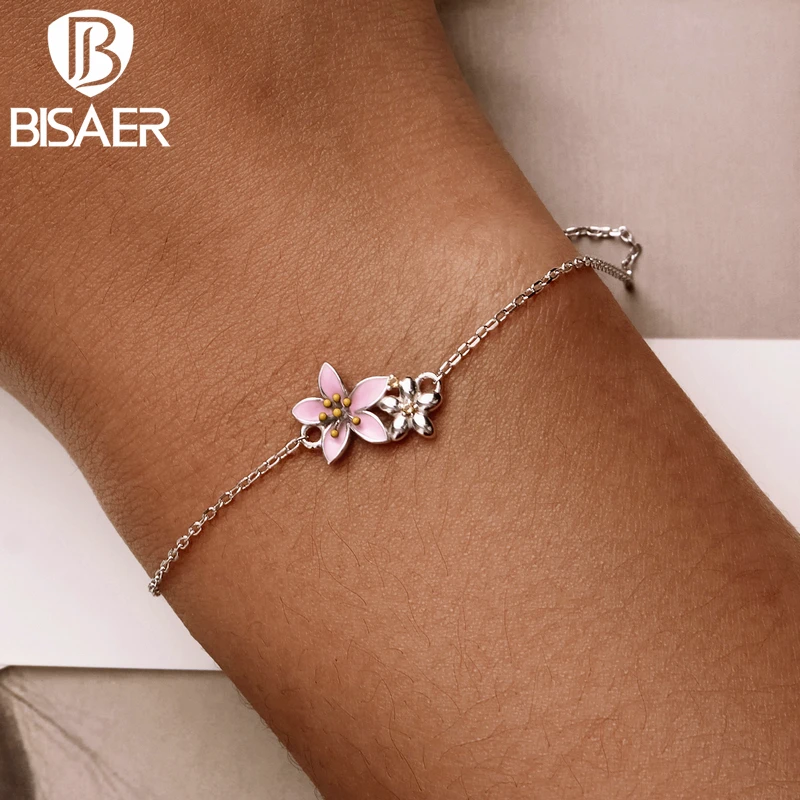 BISAER 925 Sterling Silver Bracelet Flower Beautiful Cherry Blossom Bracelets Adjustable Chain Fine Jewelry Women Girl ECB232