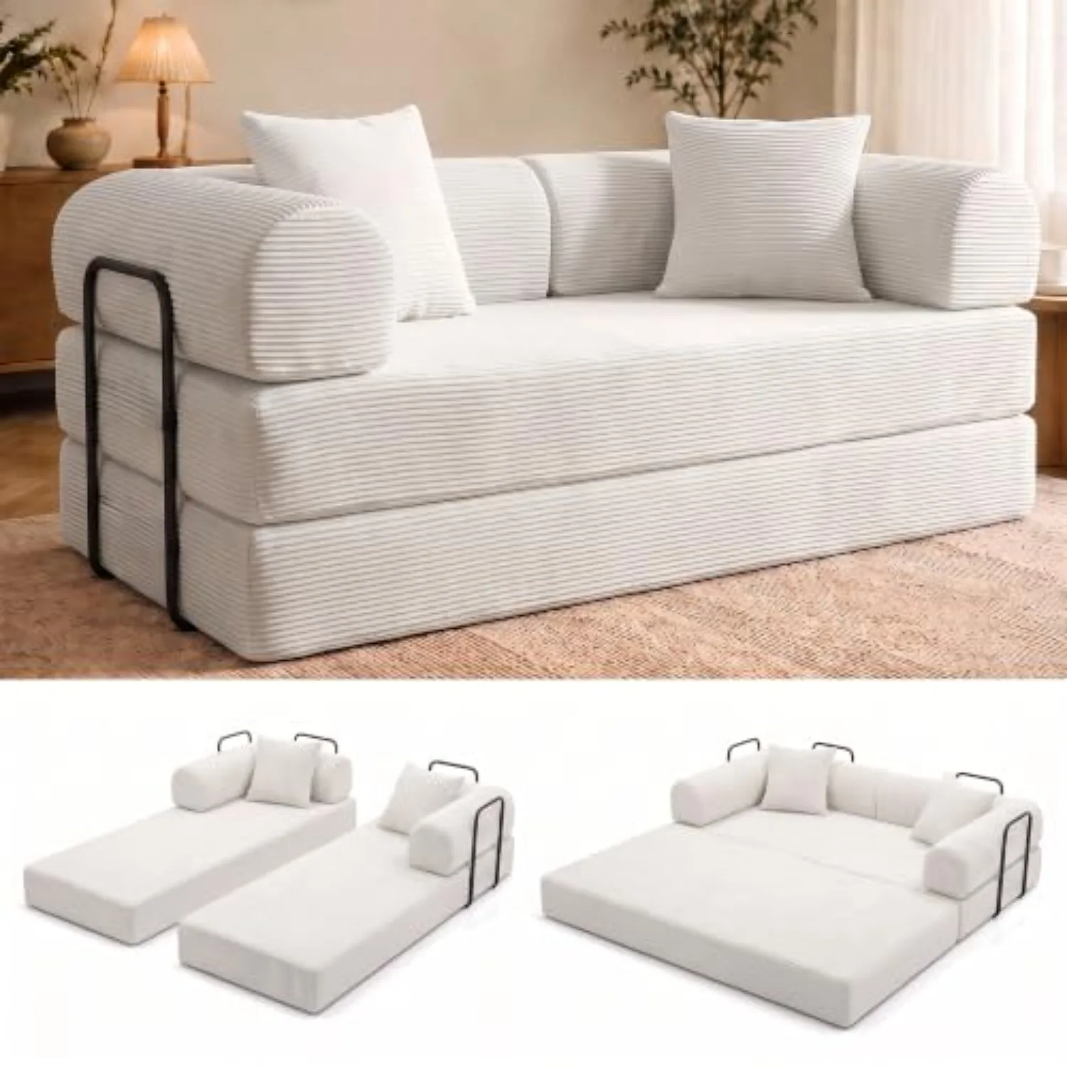 Convertible Sofa Bed Boneless Couch Folding Sofa | 3-in-1 foldable sofa bed with Removable Washable Corduroy Cover Deep