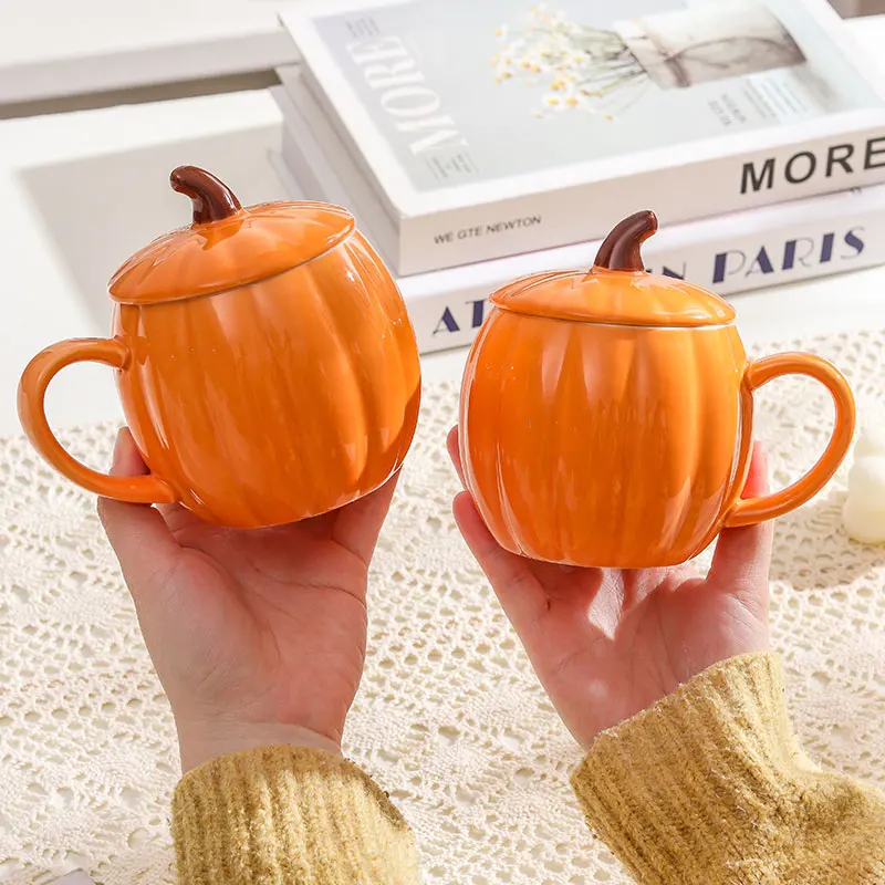 Picture 5: 1/2 PCS Cute Pumpkin Ceramic Mug with Lid, 450ml, Coffee Water Milk Oatmeal Cup, Gift for Christmas Halloween Easter Kids